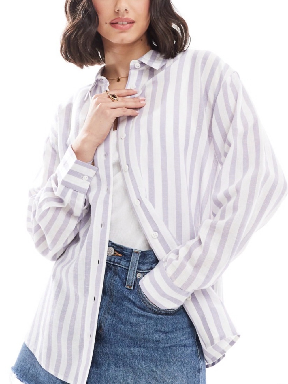 ASOS DESIGN linen blend shirt‎ in Lavender & white stripe
